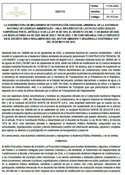 Edicto Audiencia Pública Troncal de los Andes 